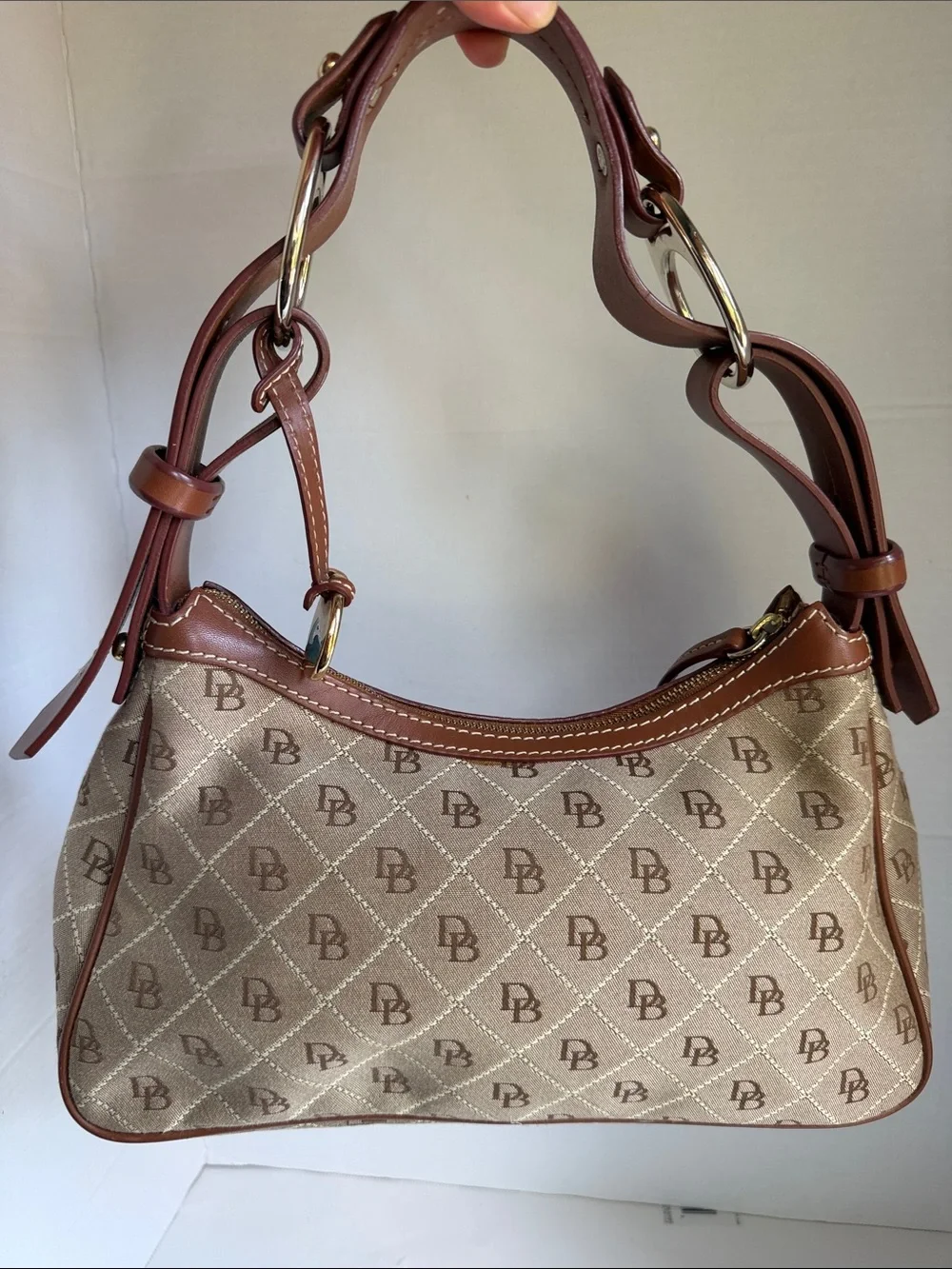 Dooney & Bourke Vintage Signature DB Monogram Canvas Hobo Bag - Brown/Tan